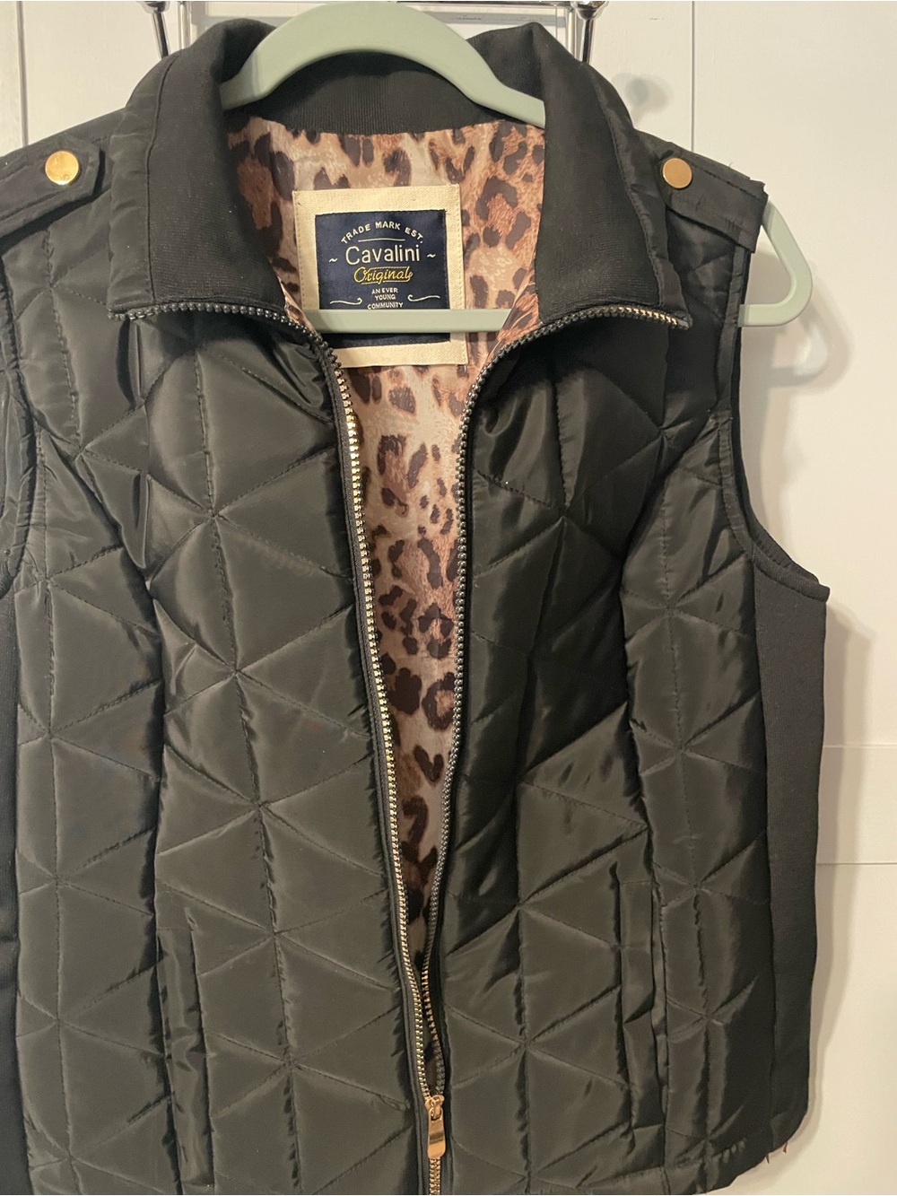 Cavalini Black Quilted Puffer Vest with Leopard Print Lining